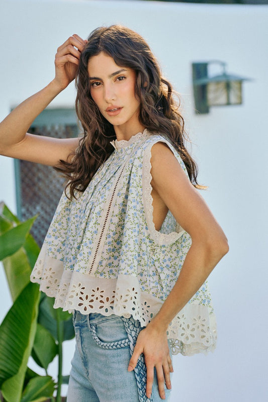 Floral Print Woven Button Down Trimmed Blouse Top