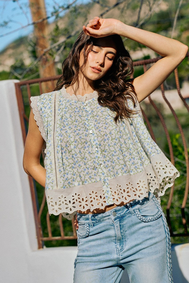 Floral Print Woven Button Down Trimmed Blouse Top