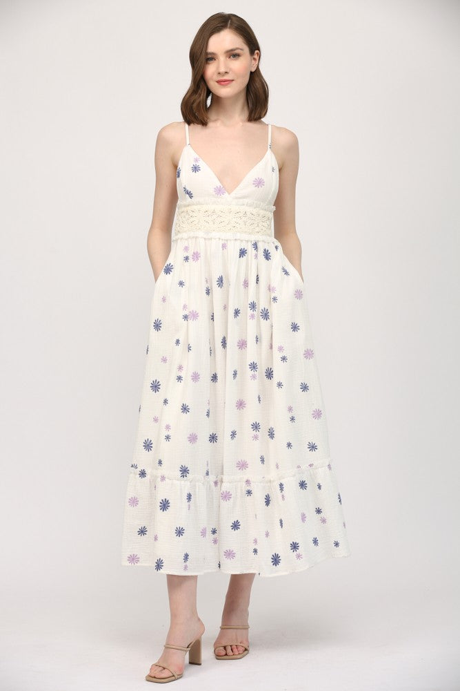 Emb Cotton Gauze Crochet Trimmed Maxi Dress