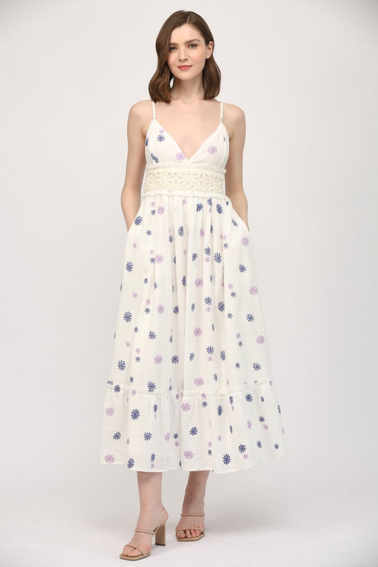 Emb Cotton Gauze Crochet Trimmed Maxi Dress