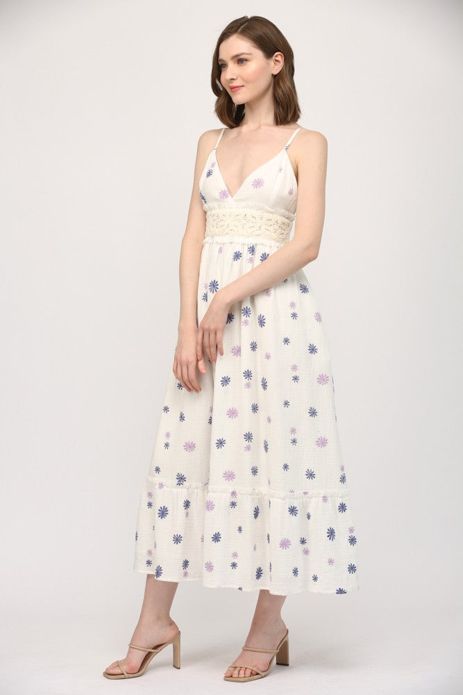 Emb Cotton Gauze Crochet Trimmed Maxi Dress