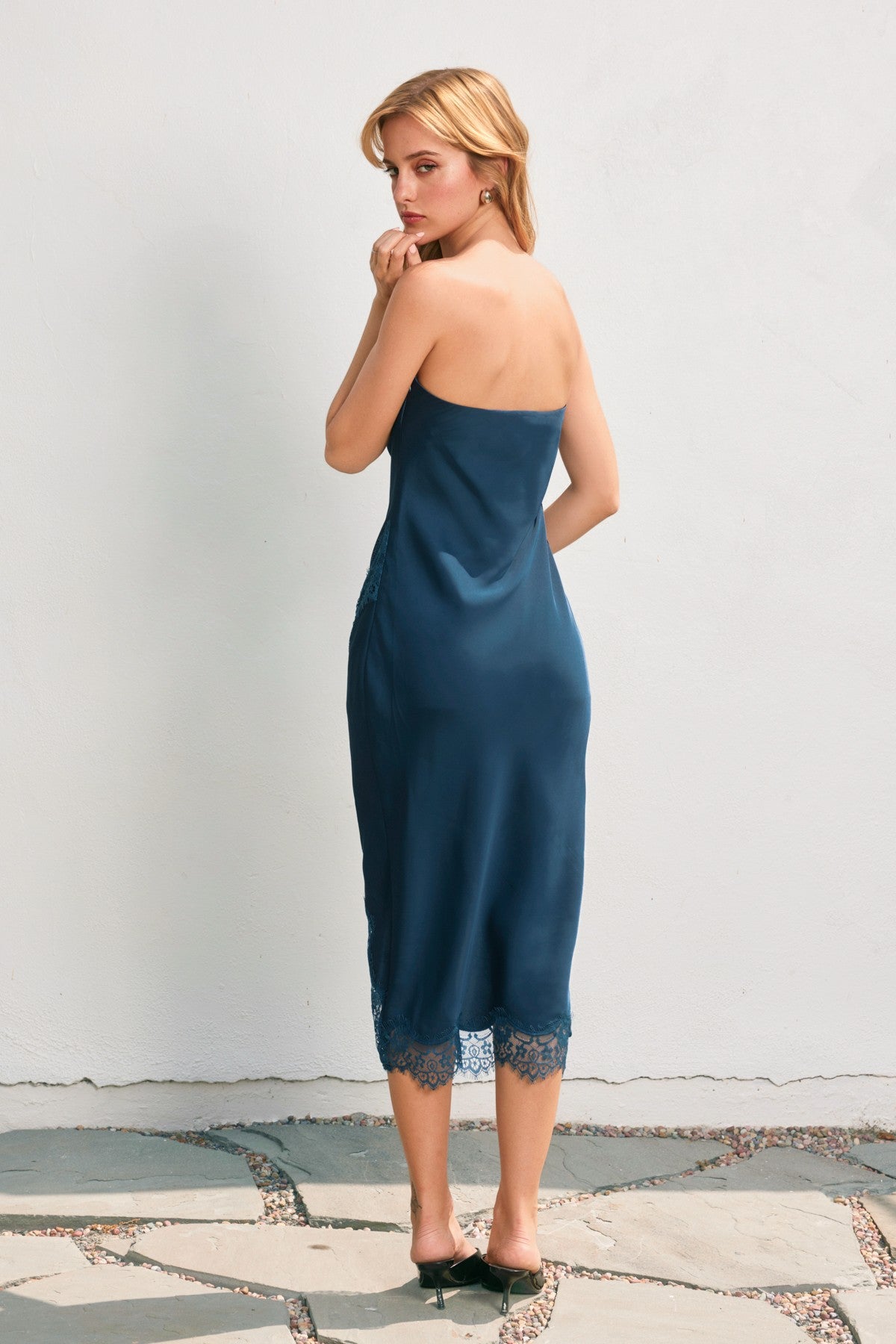 Satin Strapless Lace Hem Midi Dress