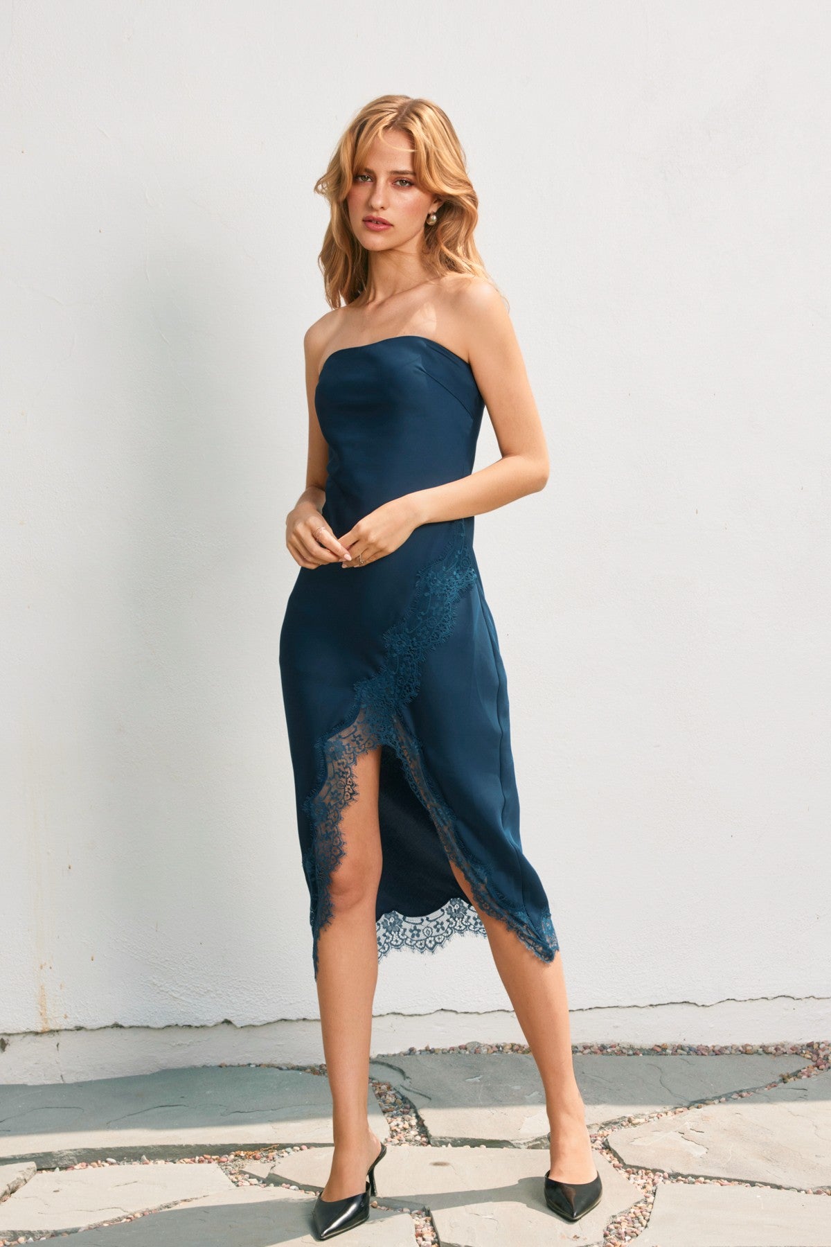 Satin Strapless Lace Hem Midi Dress