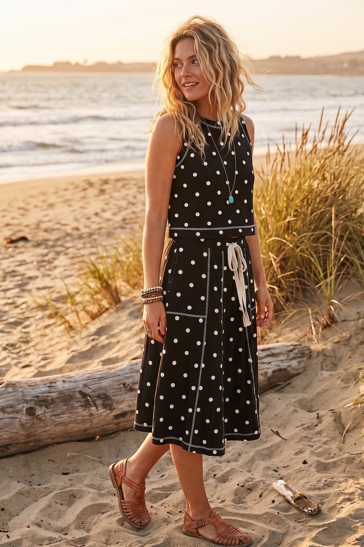 Retro Dot Tank & Midi Skirt Set