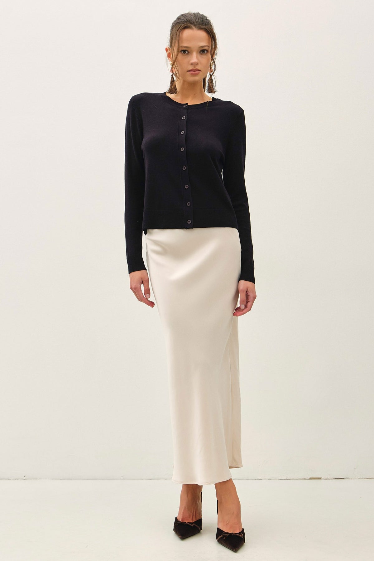 Silky Suede Feel Midi Skirt With Elastic Waistline