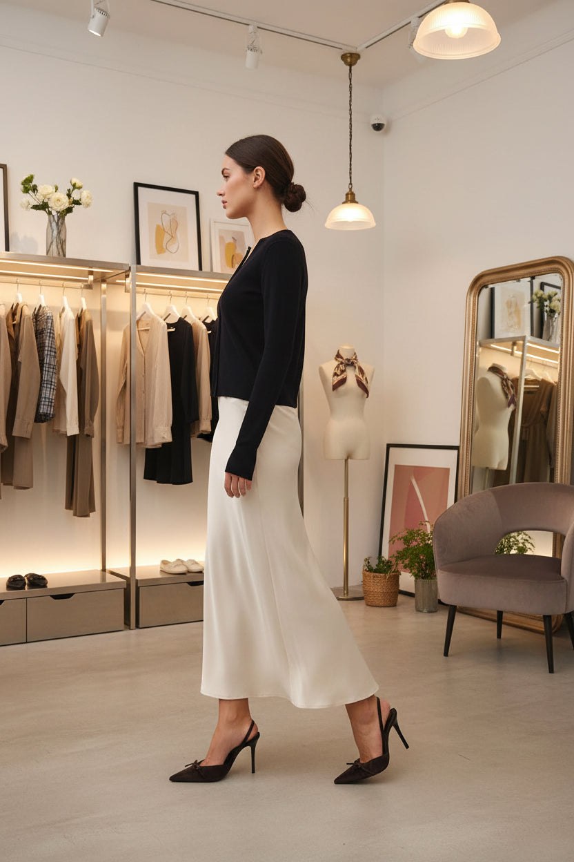 Silky Suede Feel Midi Skirt With Elastic Waistline