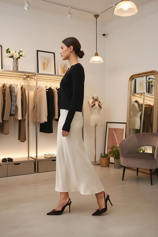Silky Suede Feel Midi Skirt With Elastic Waistline