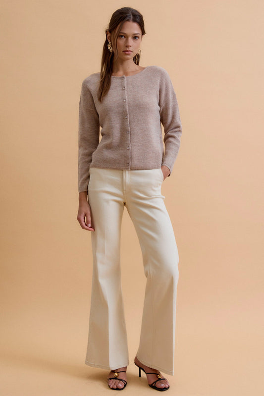Round Neck Wool Ribbed Cardigan