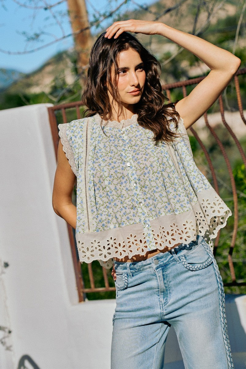 Floral Print Woven Button Down Trimmed Blouse Top